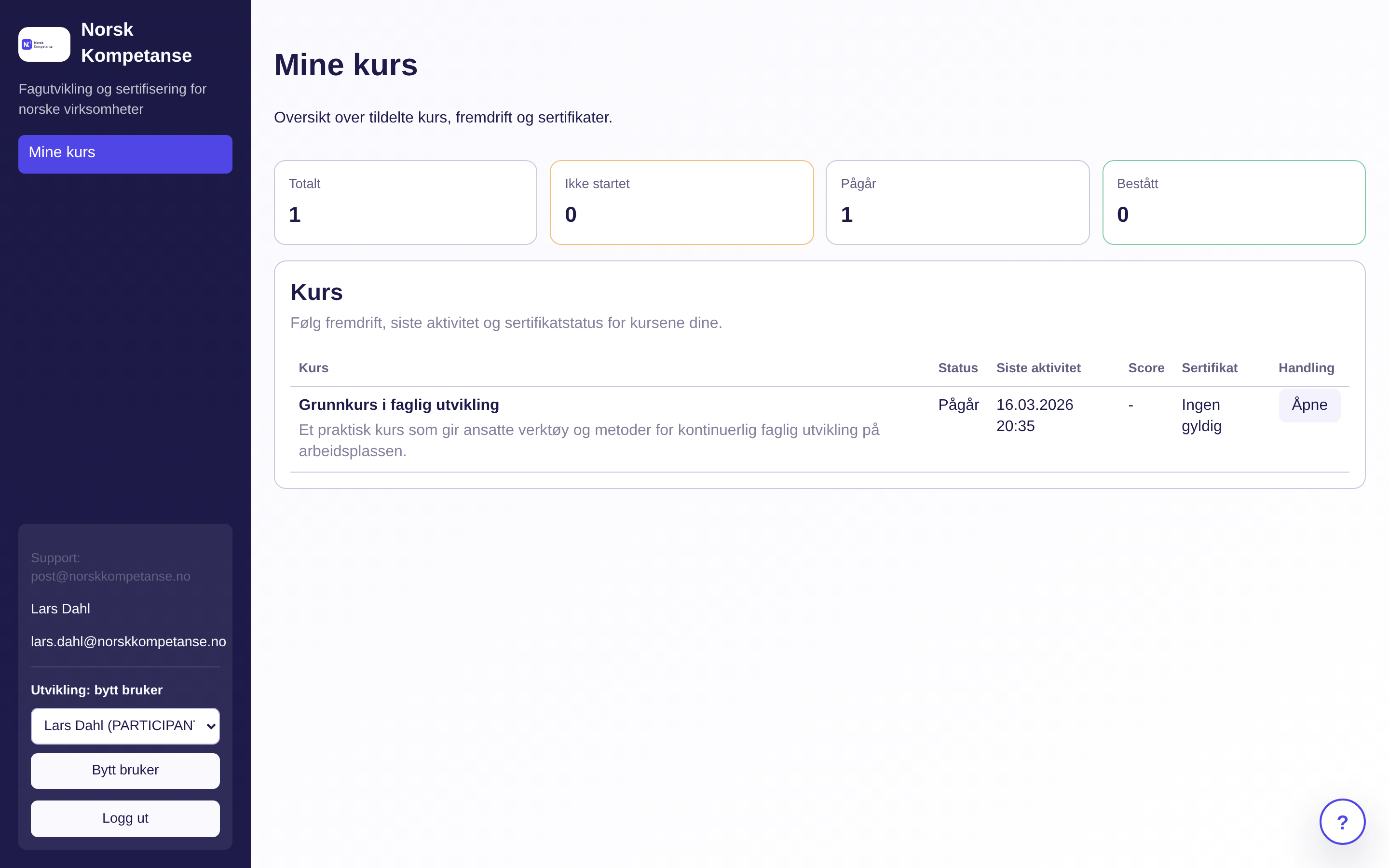 Ordo Kurs dashbord &mdash; oversikt over kurs, deltakere og fremdrift